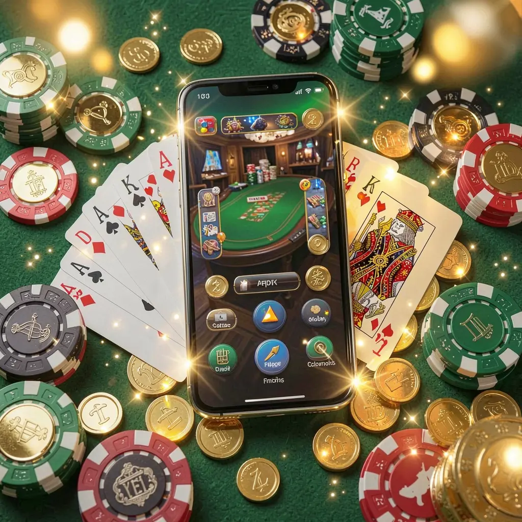 PH787 mobile gaming application concept showing a smartphone surrounded by playing cards, roulette chips, gold coins, and sparkling lights in a premium casino style PH787 mobile gaming application concept showing a smartphone surrounded by playing cards, roulette chips, gold coins, and sparkling lights in a premium casino style