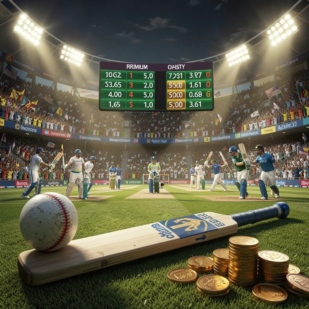PH787 premium cricket betting scene featuring a cricket stadium filled with crowd, bat and ball in the foreground, digital odds graphics, and coins under dramatic lighting in a high detail 3D render