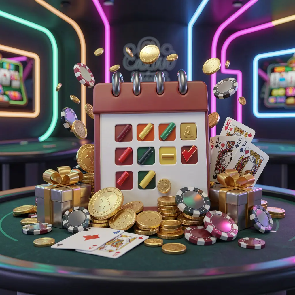 PH787 weekly online casino bonus concept with calendar icon surrounded by golden coins, gift boxes, poker chips, and playing cards in a festive casino atmosphere with neon lights PH787 weekly online casino bonus concept with calendar icon surrounded by golden coins, gift boxes, poker chips, and playing cards in a festive casino atmosphere with neon lights