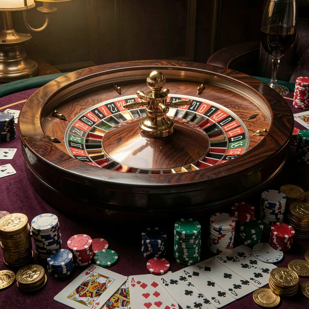 PH787 classic casino scene featuring a spinning roulette wheel, scattered chips, playing cards, and coins on a dark elegant table with cinematic lighting