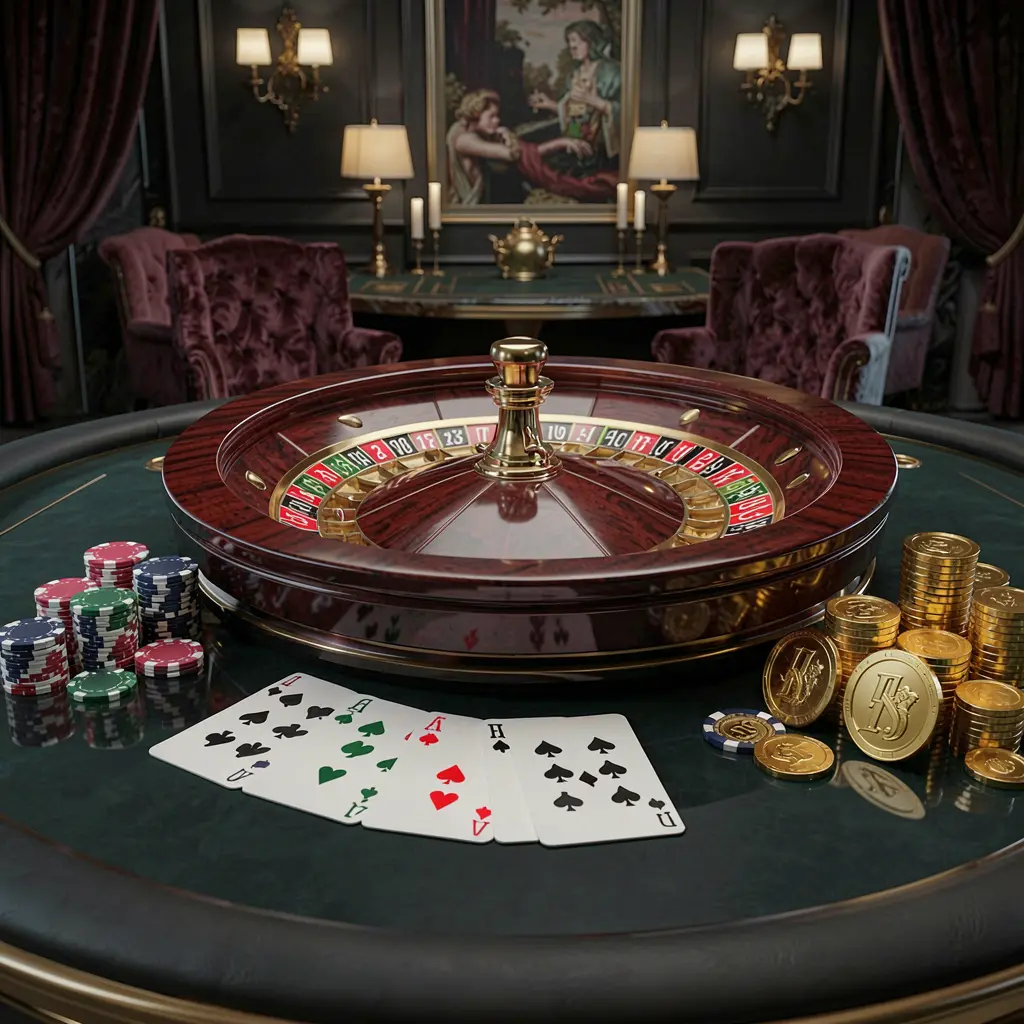 PH787 modern online casino scene featuring a roulette wheel, playing cards, poker chips, and golden coins on a glossy table with a dark luxury background in a realistic 3D illustration