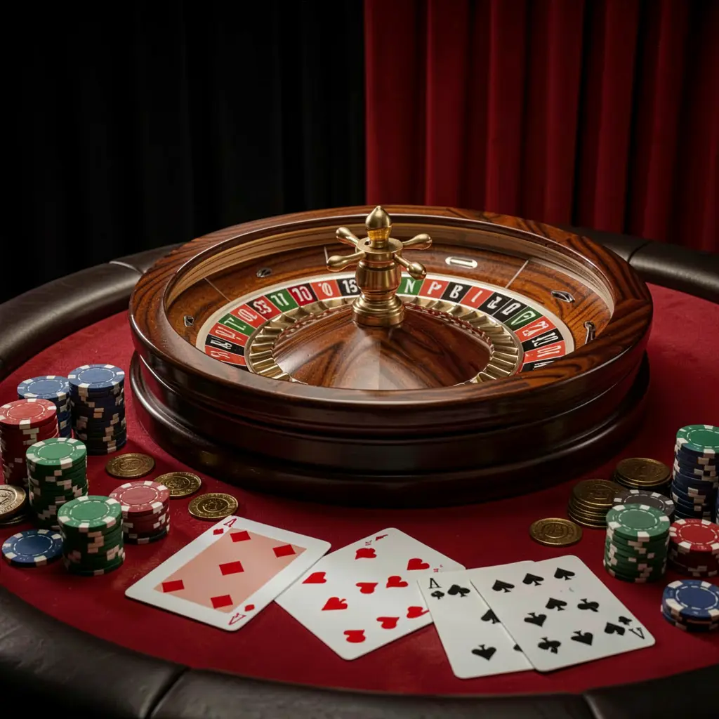 PH787 online casino platform hero image featuring an elegant gaming table with roulette wheel, blackjack cards, poker chips, and coins under luxury cinematic lighting with a black and red background